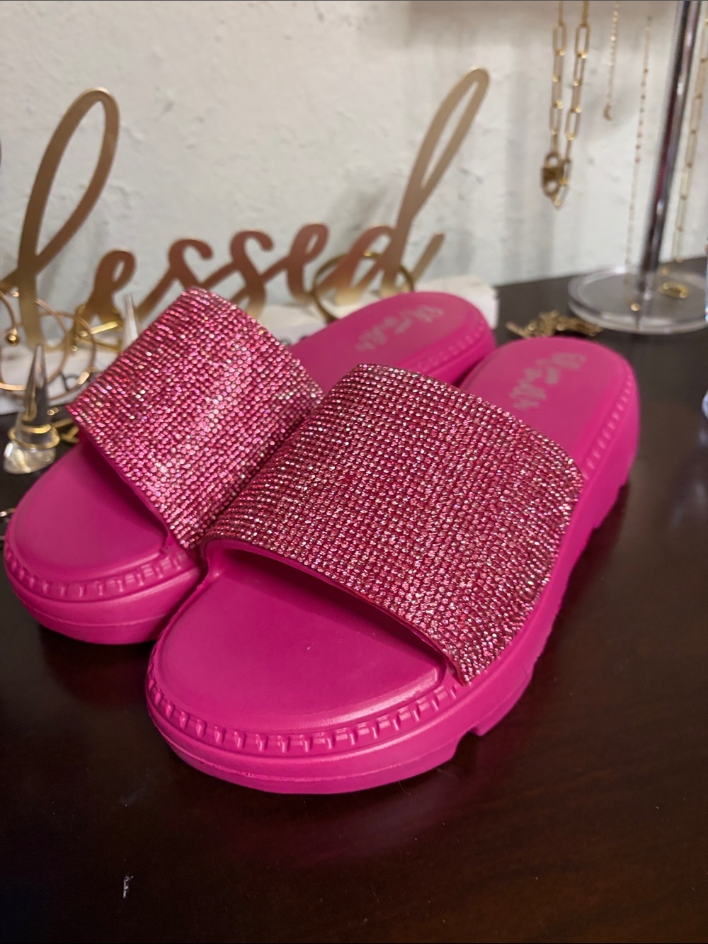 Olivia Miller Hot Pink Crystal Slide Sandals - Picture 7 of 7